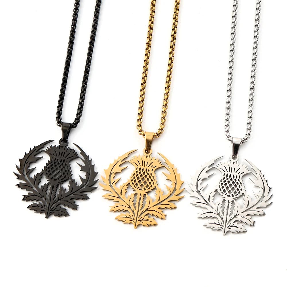 Gothic Hollow Scottish Thistle National Flower Symbol Pendant Necklace Stainless Steel Gold Color Chain Protection Jewelry Gift