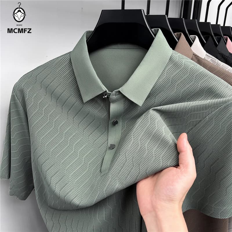 Multi occasion male hollow mesh polo t shirt lapel all over diagonal wave grain breathable thin elastic business outdoor top