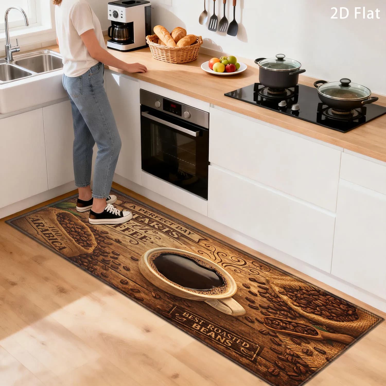 Vintage Coffee Beans and Cup Print Kitchen Mat, Non-Slip Washable Durable Runner Rug for Kitchen,Bathroom, Laundry Room and Home
