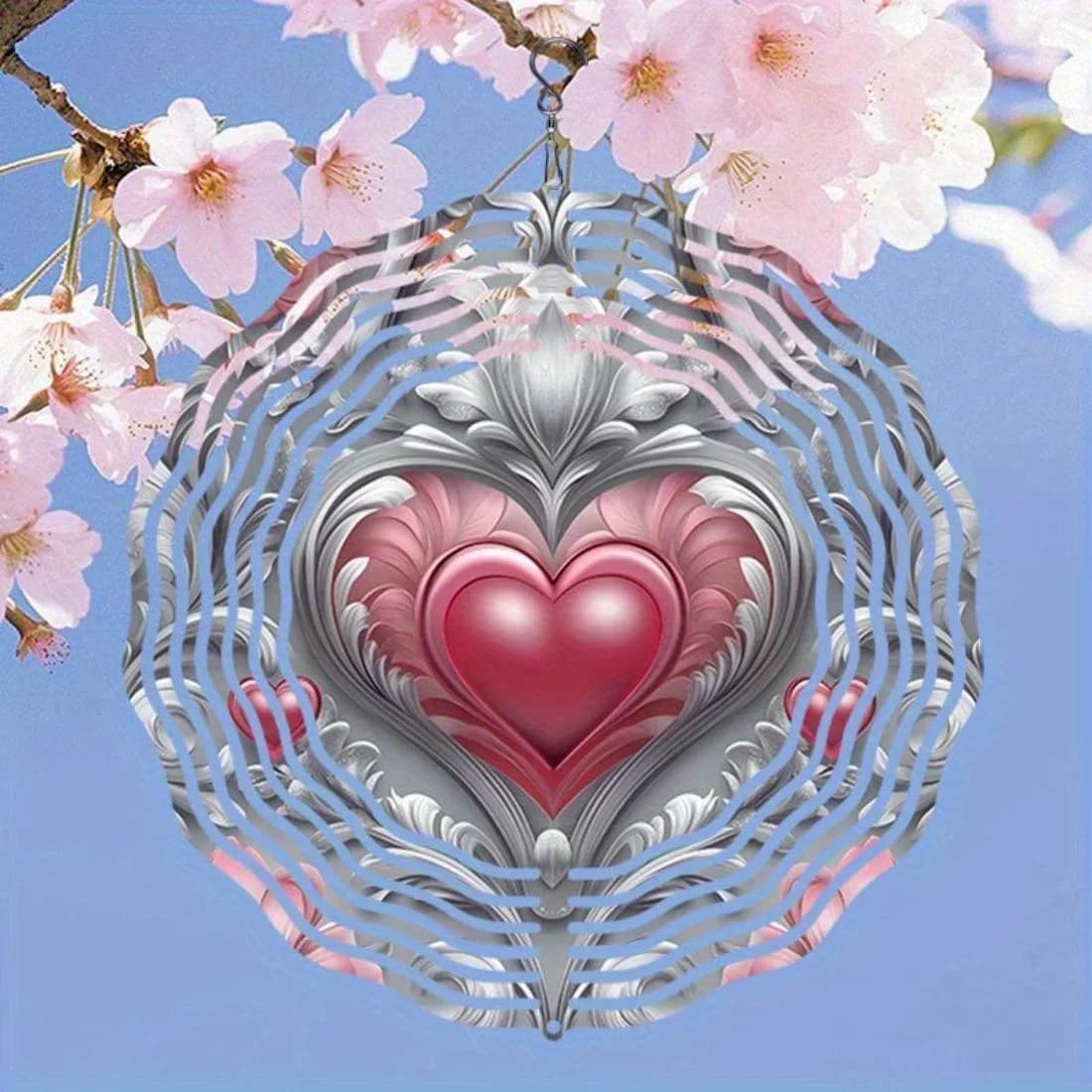 Wind Chime Outdoor Decor with Rotating Mandala Hearts, Metal Wind Spinner Garden Gift for Patio, Mother's Day Present Pink