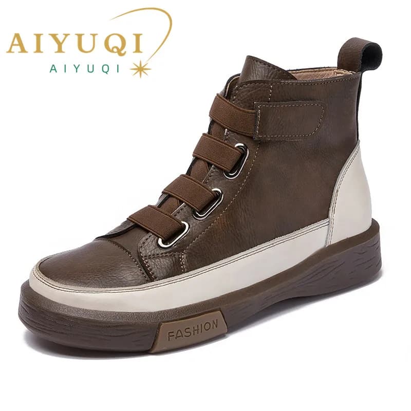 AIYUQI Scarpe Invernali da Donna in Vera Pelle 2026, Stivali Antichi con Lacci Frontali e Abbinamento di Colori, Scarpe Trendy per Ragazze e Studentesse