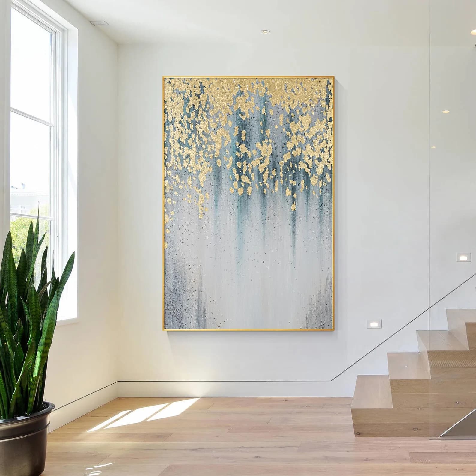 Mhemyo Original Gold Petal Abstract Hand Painted Oil Painting Grey Blue Gold Foil Layered Paint Modern Wall Art For Living De