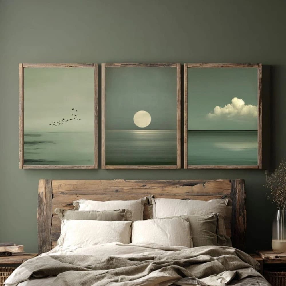 Japandi Wall Art Set of 3 Minimalist Sage Green Posters Scandinavian Zen Decor Wabi Sabi Calm Seascape Art Prints Gift Poster