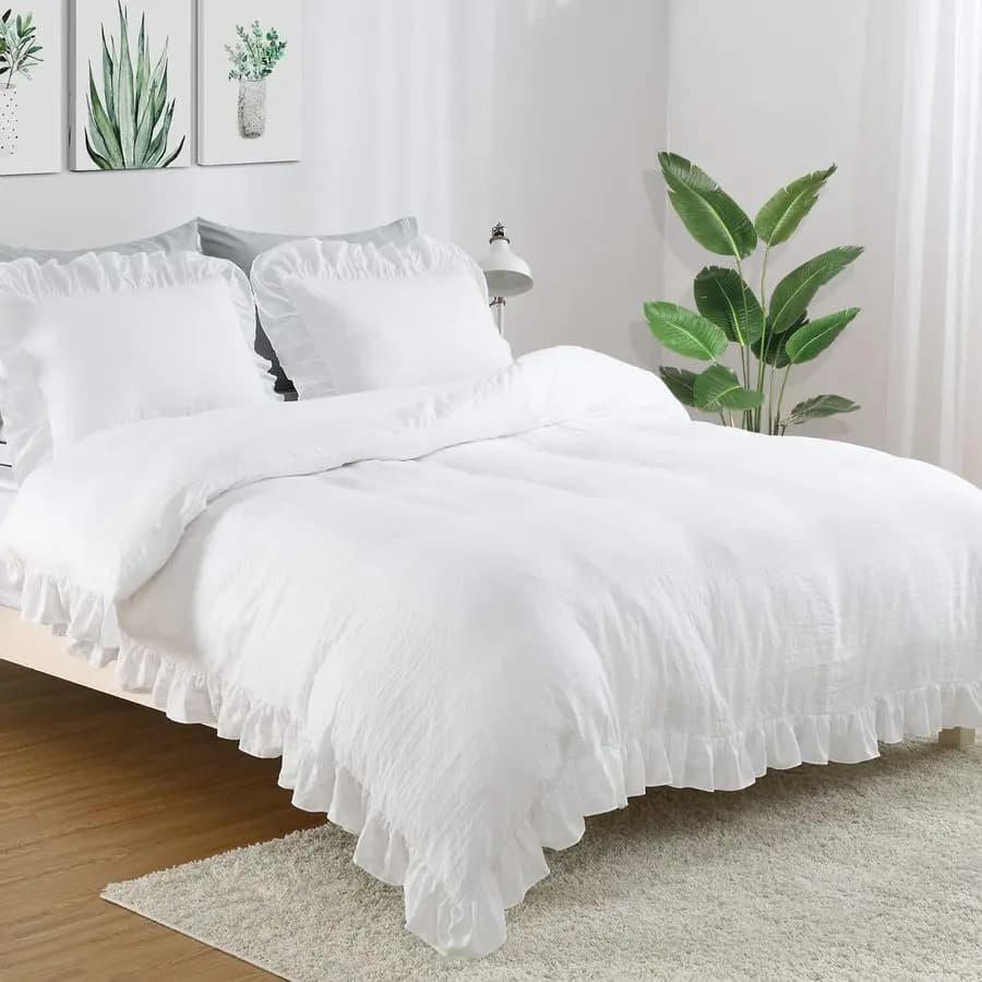 White Cover with Volant Measuring Queen, Set Cover 3 Pieces of Microfiber Soft Washed French Vintage Style for Queen Bed, White, 90