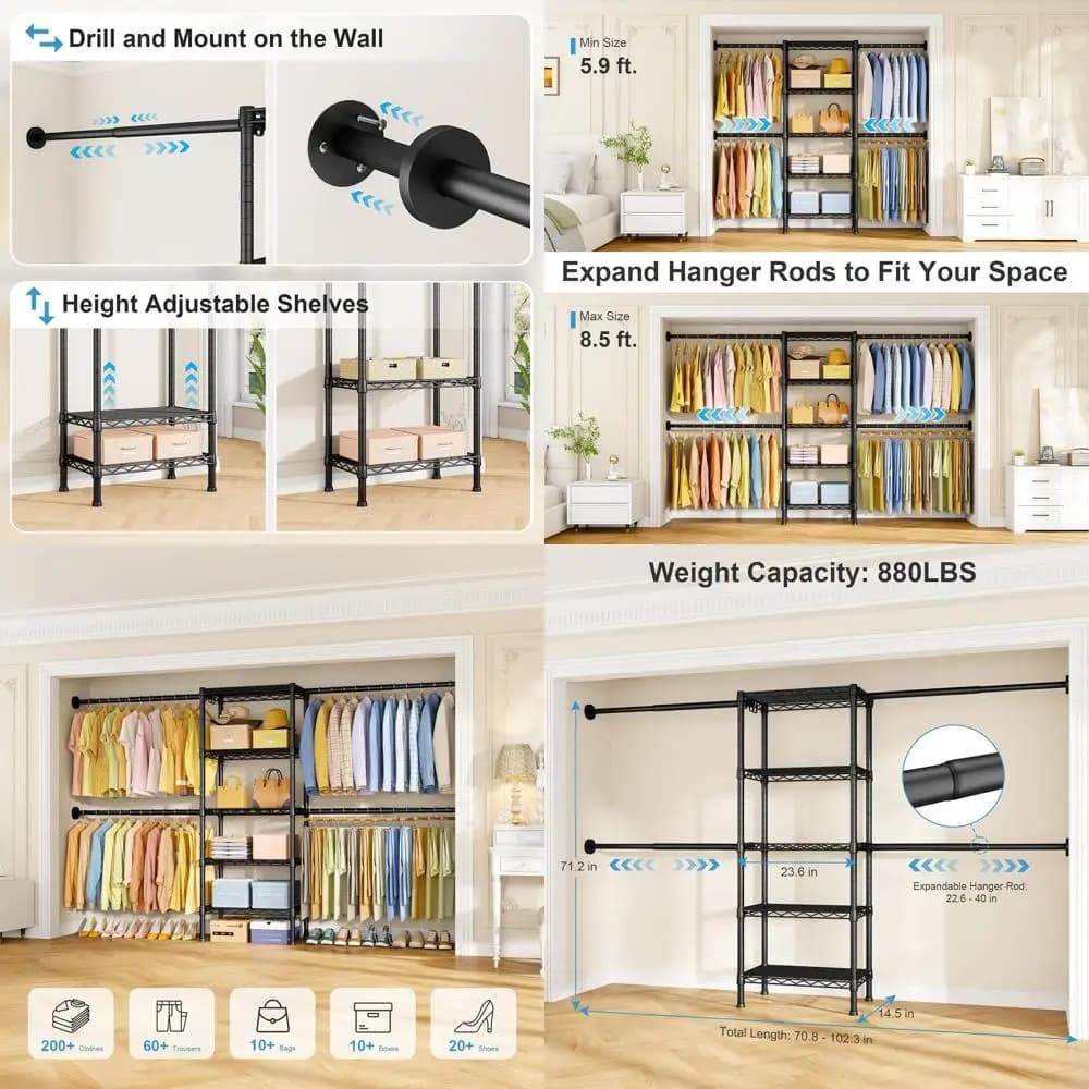 Wall cabinet system with 4 expandable hangers and 5 shelves, adjustable clothes organizer, black