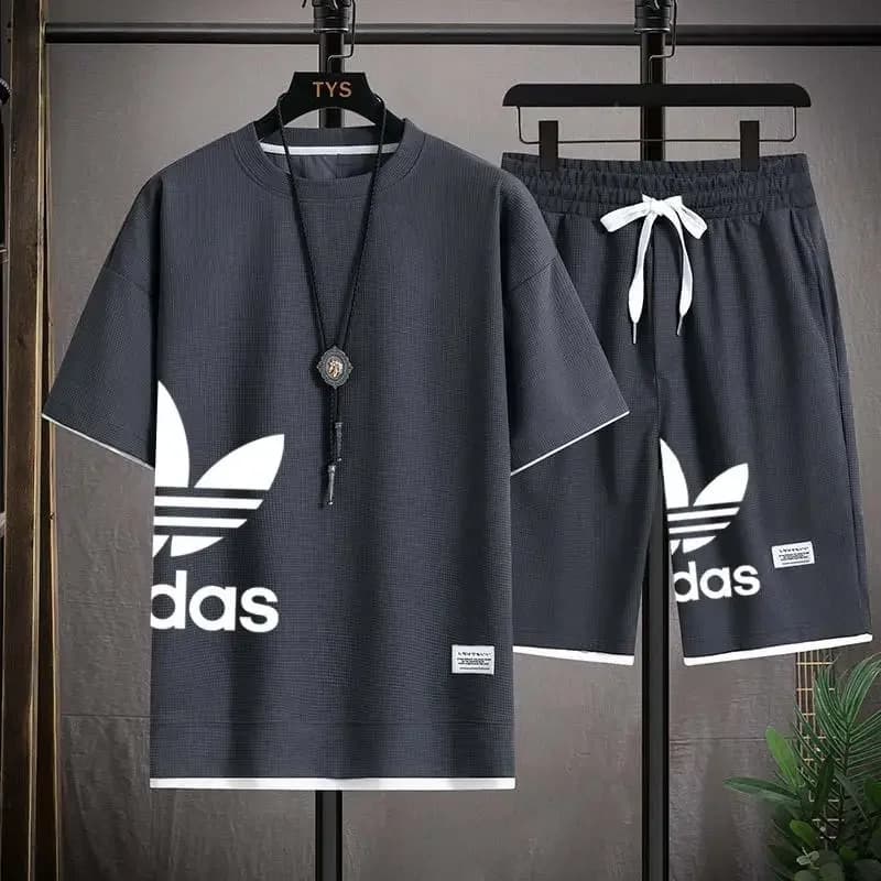 Men's Summer Waffle Knit Outfit Loose Comfortable T-Shirt Shorts 2PCS Set Fashion Casual Sports Suit