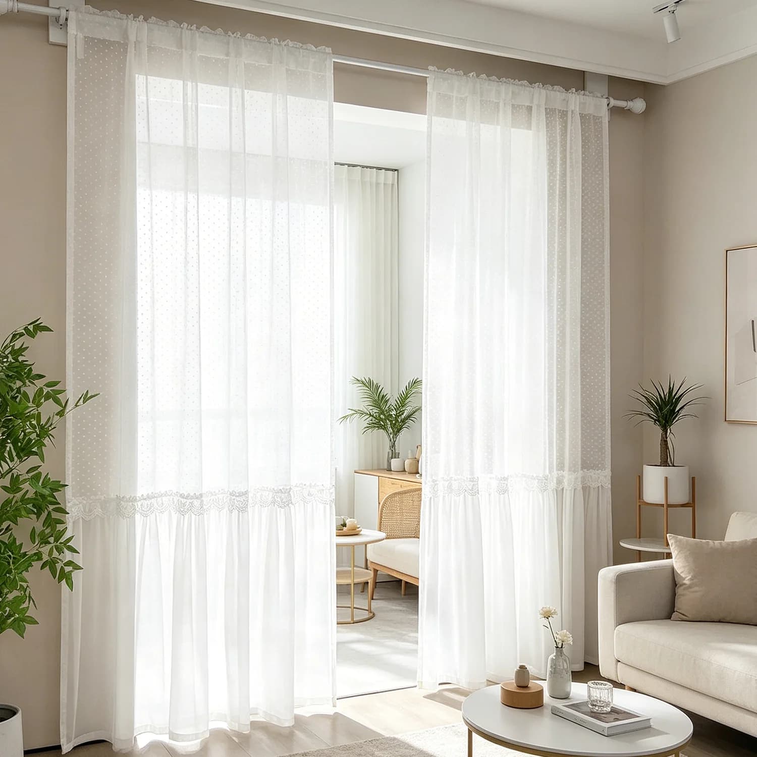 Tenda Trasparente Romantica Francese con Motivo a Pois e Bordo in Pizzo, Drappeggio Filtrante per Camera da Letto, Soggiorno, Stanza delle Ragazze, Arredamento Casa