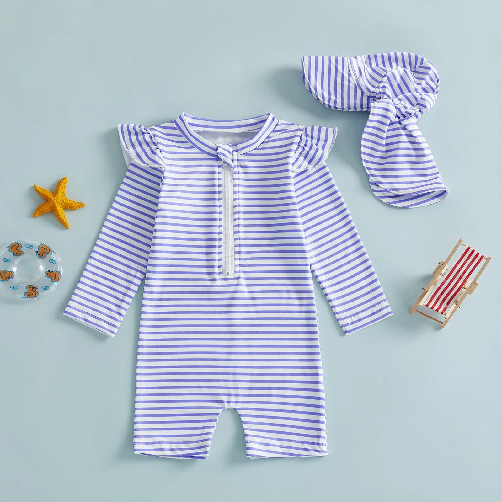 Long sleeve swimsuit with sunscreen for girls, with round neckline, striped, with swim hat