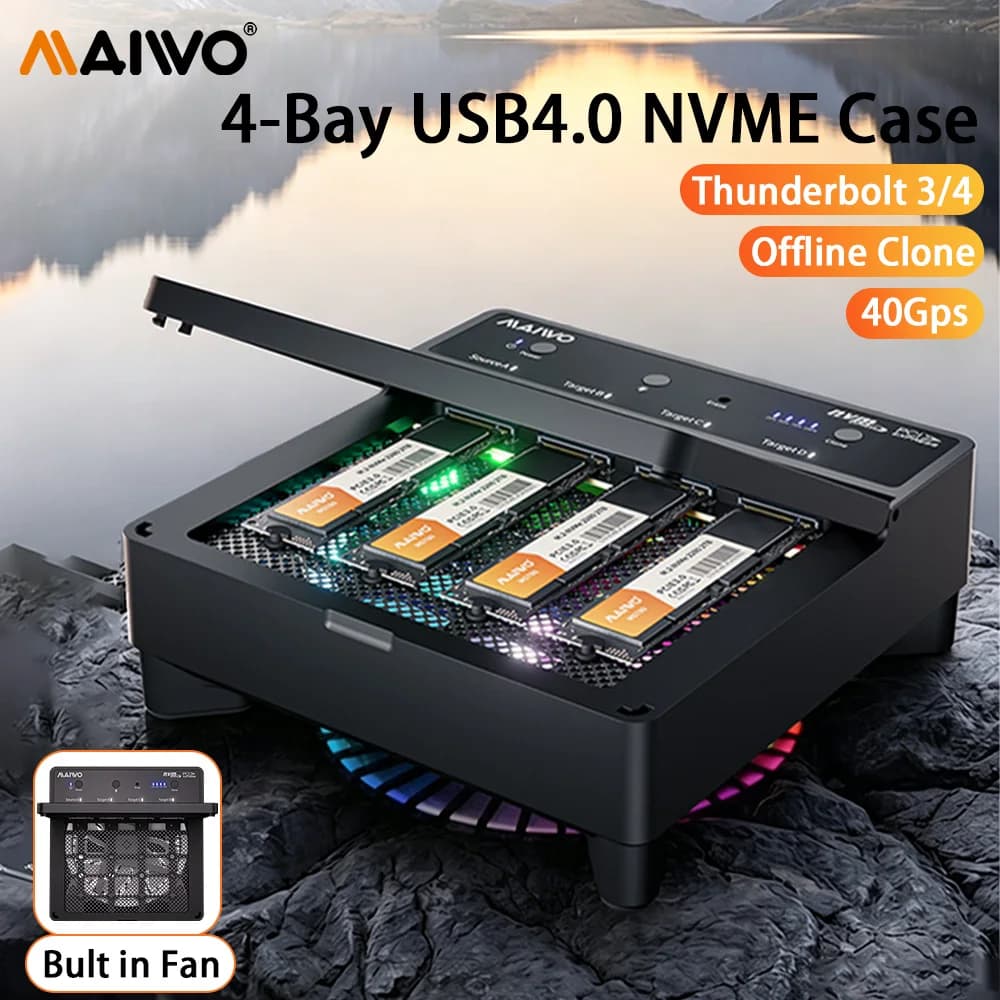 MAIWO 4 Bay USB4.0 M.2 NVME SSD Case 40Gbps m.2 nvme SSD Adapter with Thunderbolt 3/4 Built-in Cooling Fan Support Offline Clone