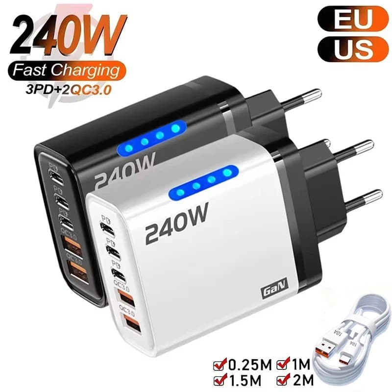 Caricatore GaN 5 in 1 da 240W con ricarica super rapida, luce LED, 5 porte, adattatore per telefono, cavo 10A per iPhone Xiaomi, caricatore con spina EU/US