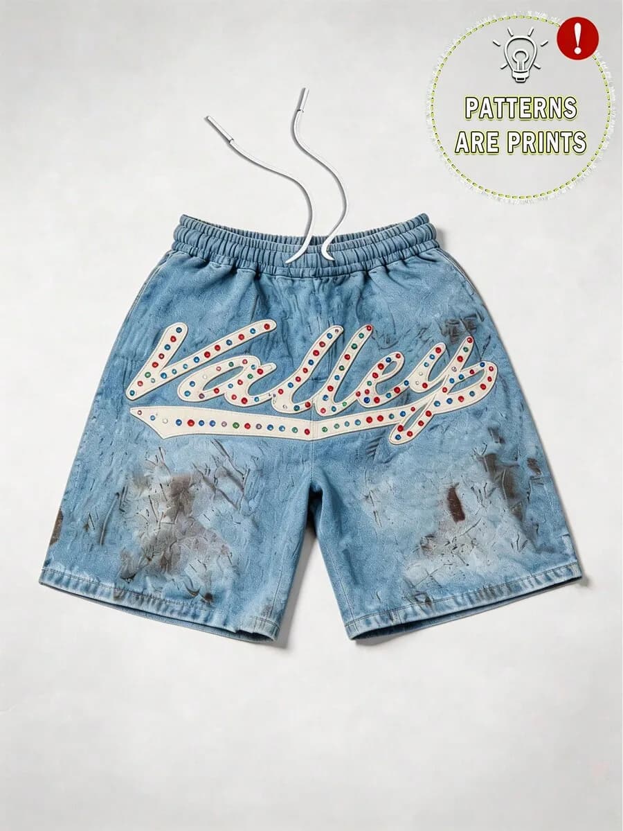 Shorts in Denim Effetto Vissuto da Uomo con Stampa Distintiva per Uso Quotidiano Casual