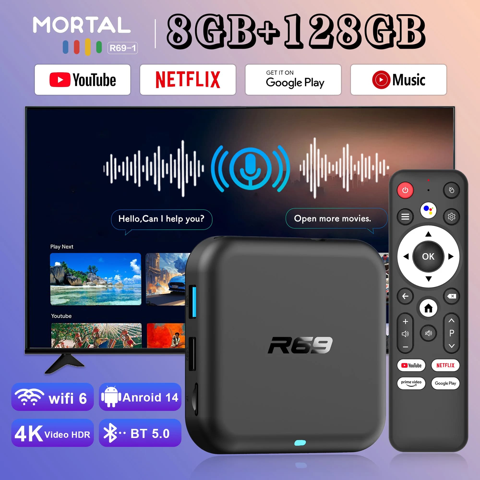 2025 Nuovo Global Android 14.0 TV Box R69-1 Supporto 4K RK3518 Bluetooth 5.0 WIFI 6 RAM 8GB ROM 128GB Smart TV BOX multilingue