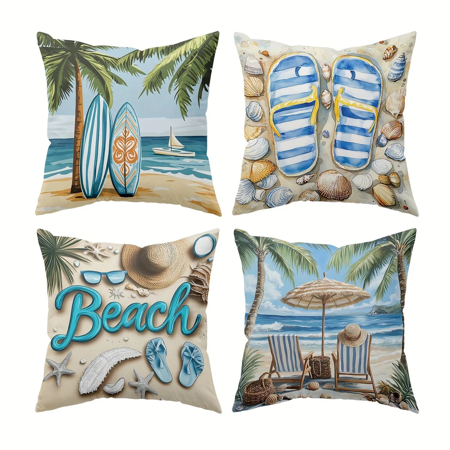 Set di 4 Copricuscini Costieri 45x45cm Vibrazioni Estive: Tavole da Surf, Infradito a Righe, Testo 3D a Tema Spiaggia e Sedie da Spiaggia su Base Sabbiosa