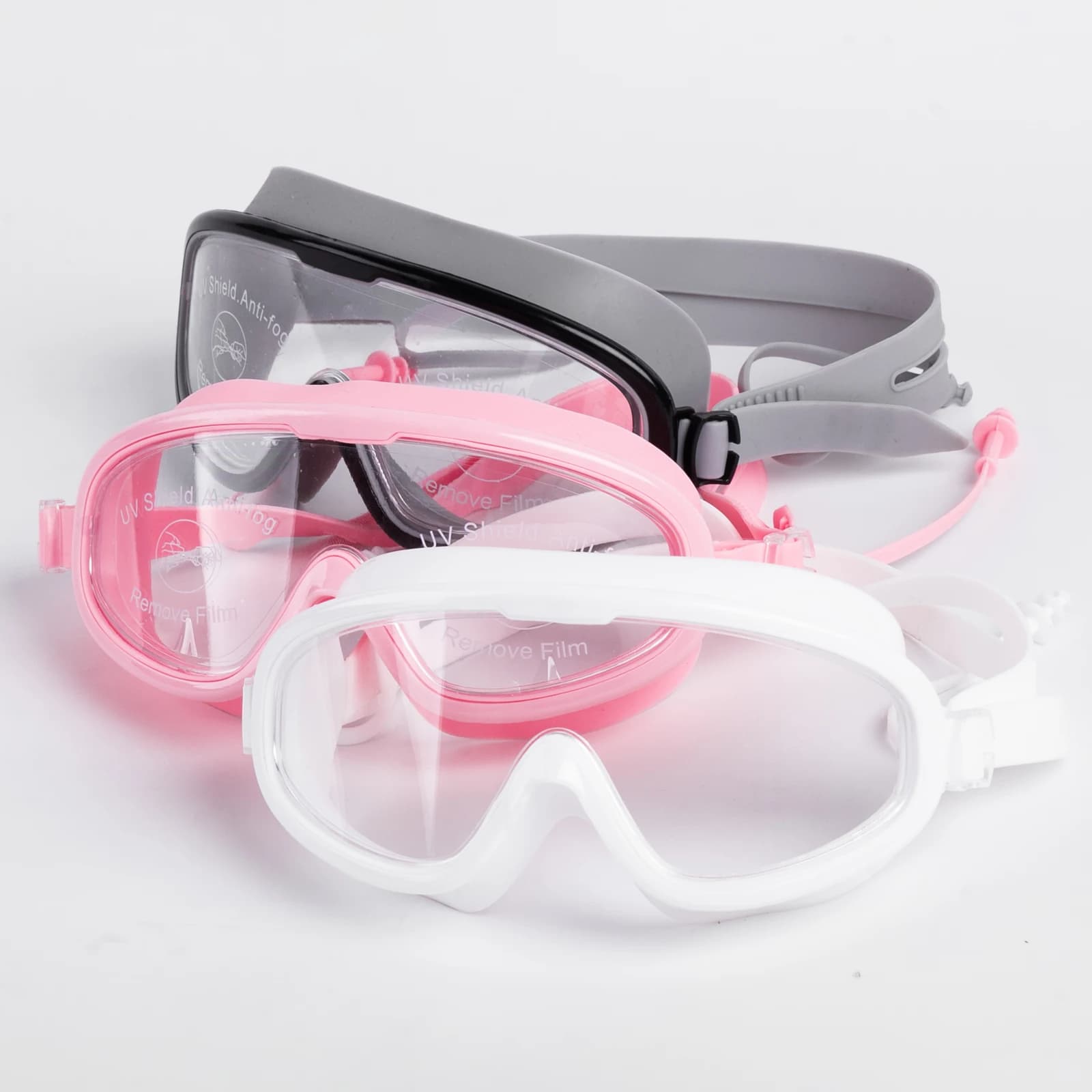 Pink swimwear with large frame for adults, adjustable strap, UV anti-fog protection, comfortable swim glasses for wide viewing