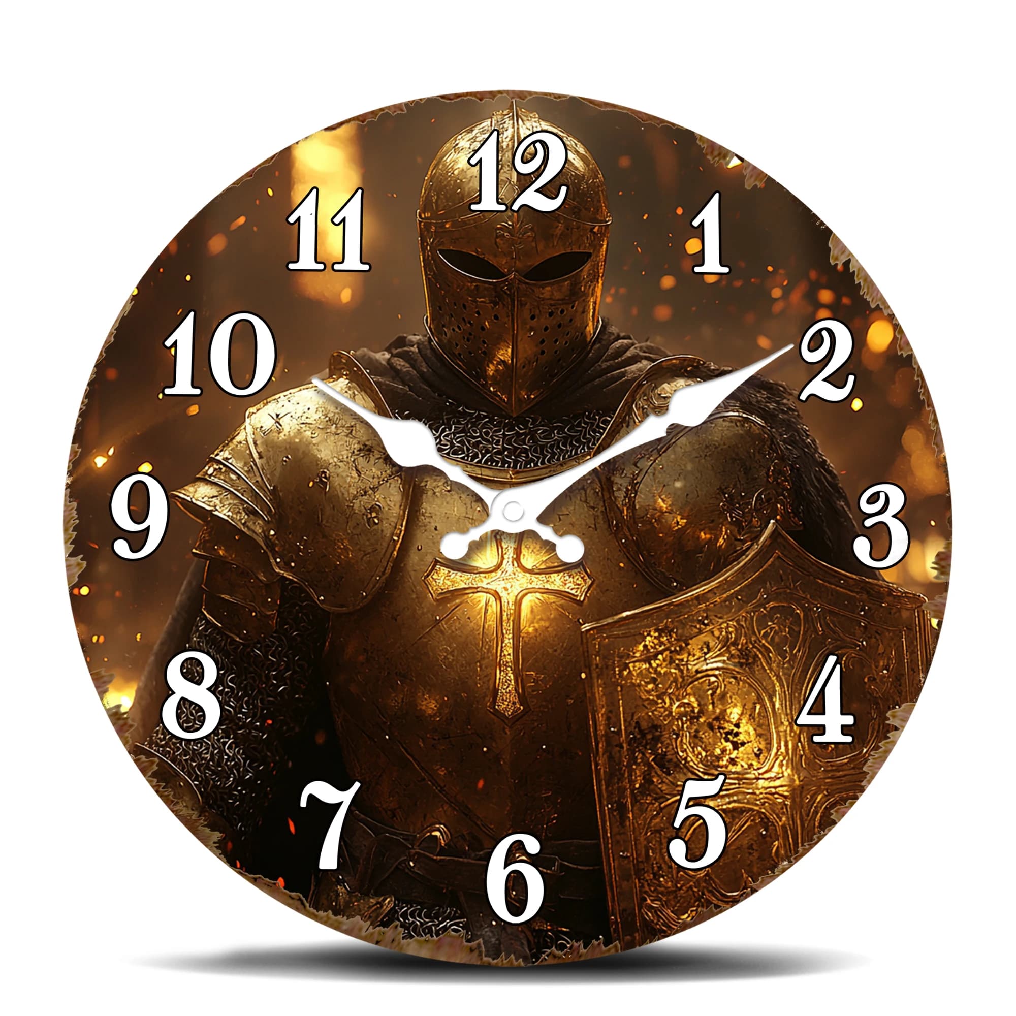Watch from Round Wall Medieval Knight in Shining Armour - Historical Warrior Decoration with Cross Emblem