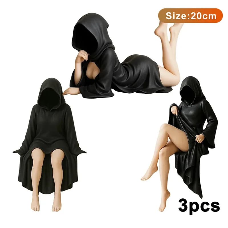 New Halloween Girl Statue Women Sitting Figure Ornaments Mysterious Statue Gothic Death Black Robe Queen Bookshelf Sculpture