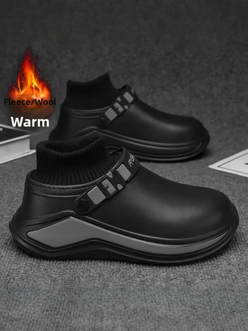 Pantofole da uomo in cotone, foderate in pile, stivali invernali ispessiti, in pelle con pelliccia integrata, anti-freddo, a copertura totale, nere