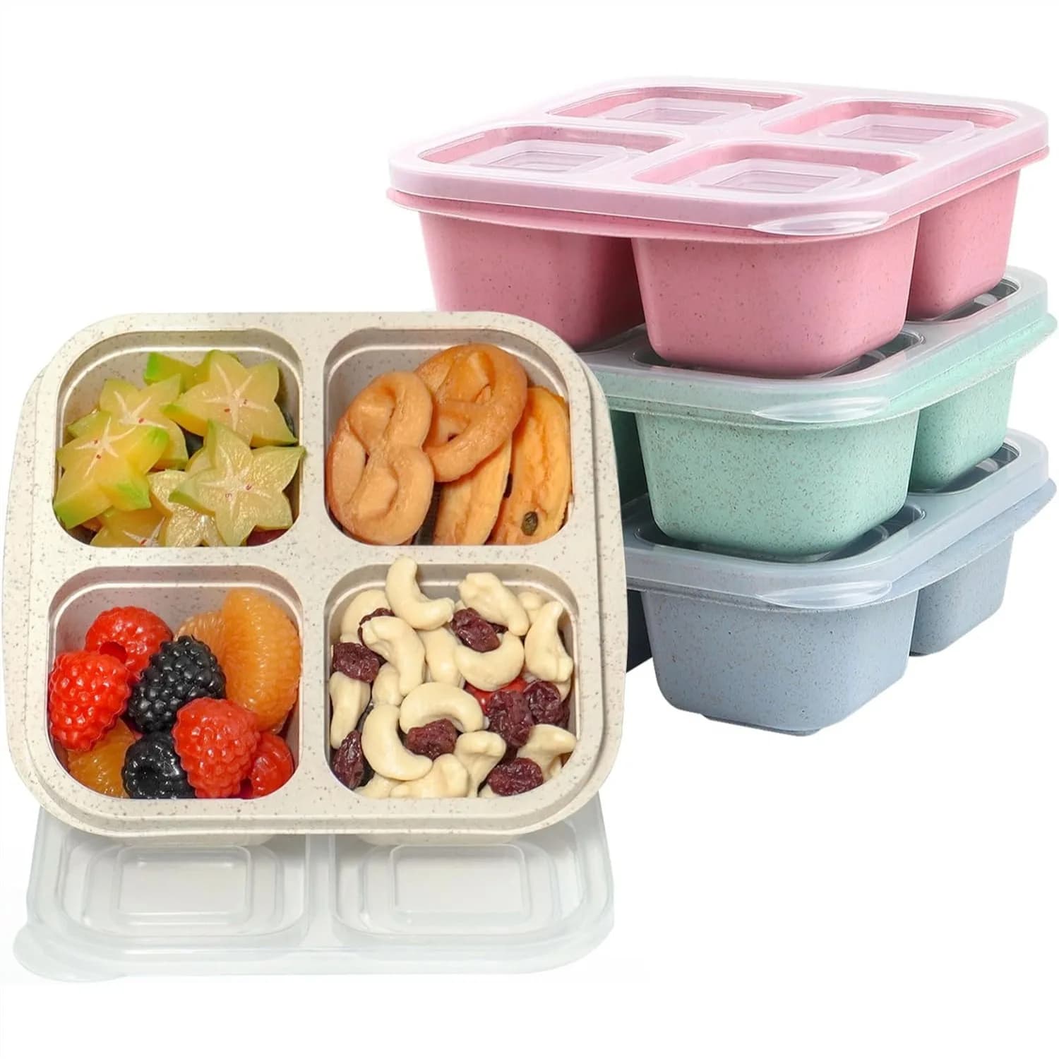 Set di 4 Contenitori Bento Divisi, 4 Scomparti, Contenitori per Pranzo con Coperchi Facili da Aprire, Contenitori Riutilizzabili in Paglia di Grano per Conservazione Alimenti