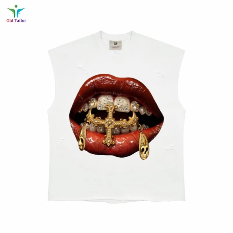 Saint Hip-Hop Lips Print Portrait Print White Vintage Sleeveless Tank Top T-Shirt Summer Men's Women's Loose-Fit Vest
