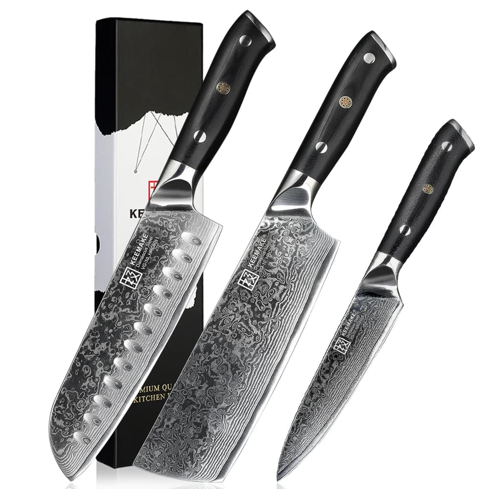 KEEMAKE Set di Coltelli da Cucina in Acciaio Damascato 1-5 Pezzi, Ultra Affilati per Chef, per Tagliare Verdure, Carne e Frutta, con Manico Nero G10
