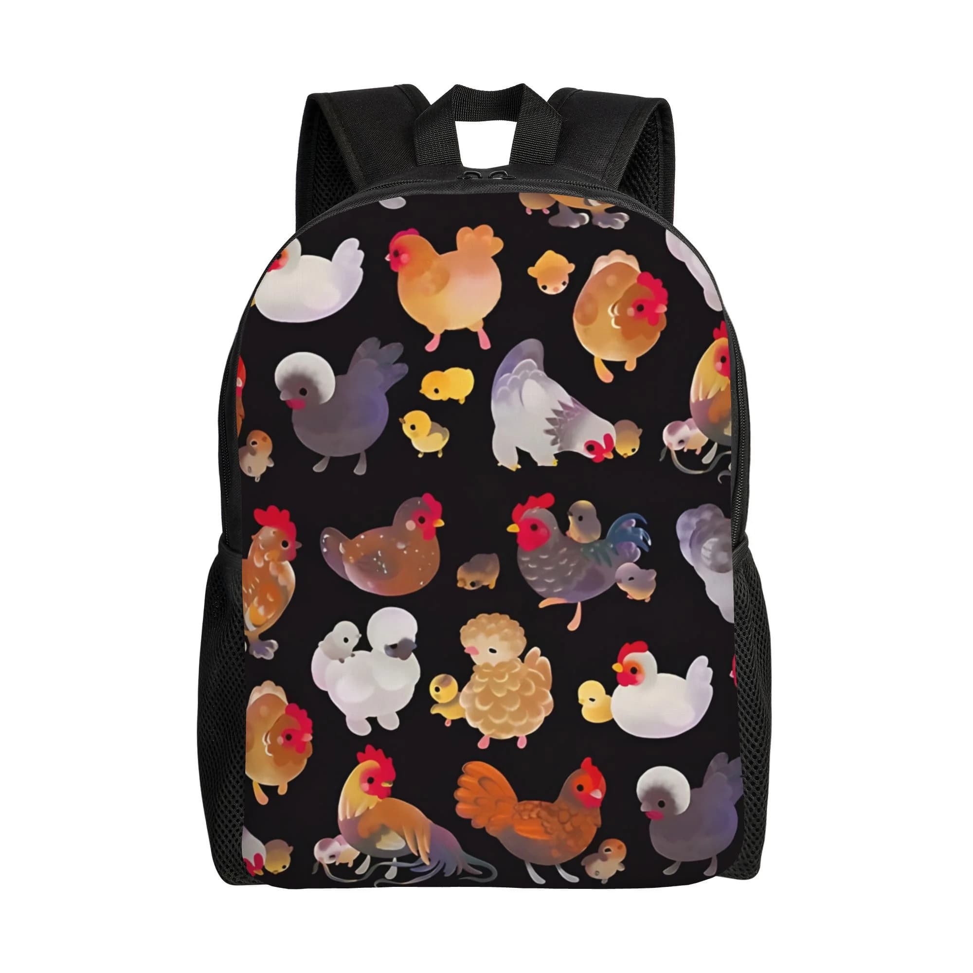 Backpack with print of cute chickens for men and women - Black with colored poultry motifs (polli, chicks, chickens)
