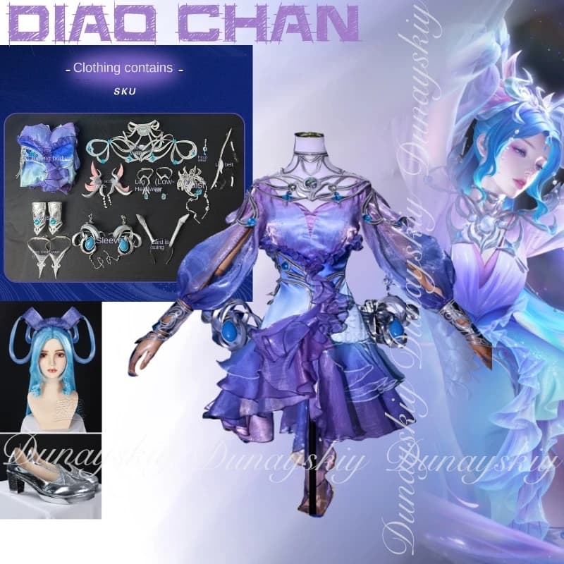 Honor of Kings Game Diao Chan Cosplay The Collector Skin Illusory Song With Purple Dress And Pretty Wig Cosplay Costume Full Set