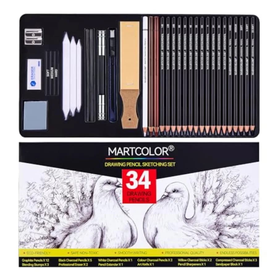 Drawing Sketching Pencils Set, Pieces Pro Art Pencil Kit - Graphite Pencils 14B-4H,Charcoal Pencils, Charcoal Sticks, Artist Pe
