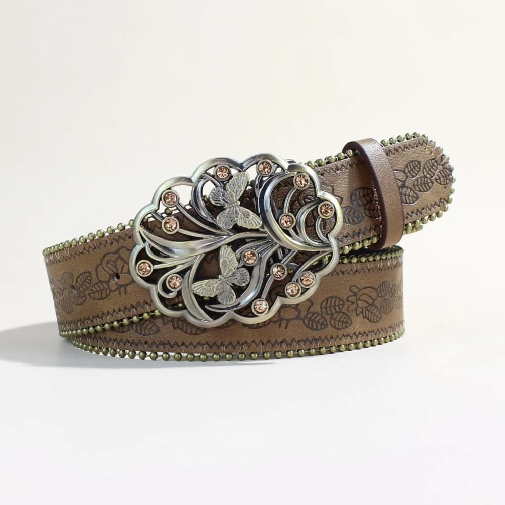 Cintura Vintage Western in PU con Fibbia Strass e Borchie Incise, Accessorio Moda Boho per Jeans da Cowgirl
