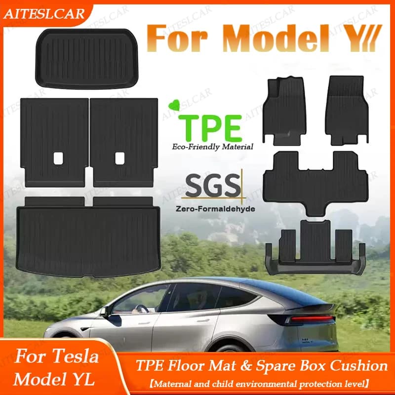 Tappetini Auto in TPE per Tesla Model Y L Launch 2026, Set Tappetini Bagagliaio Quattro Stagioni Impermeabili Antiscivolo, Tappetino per Sedile e Schienale