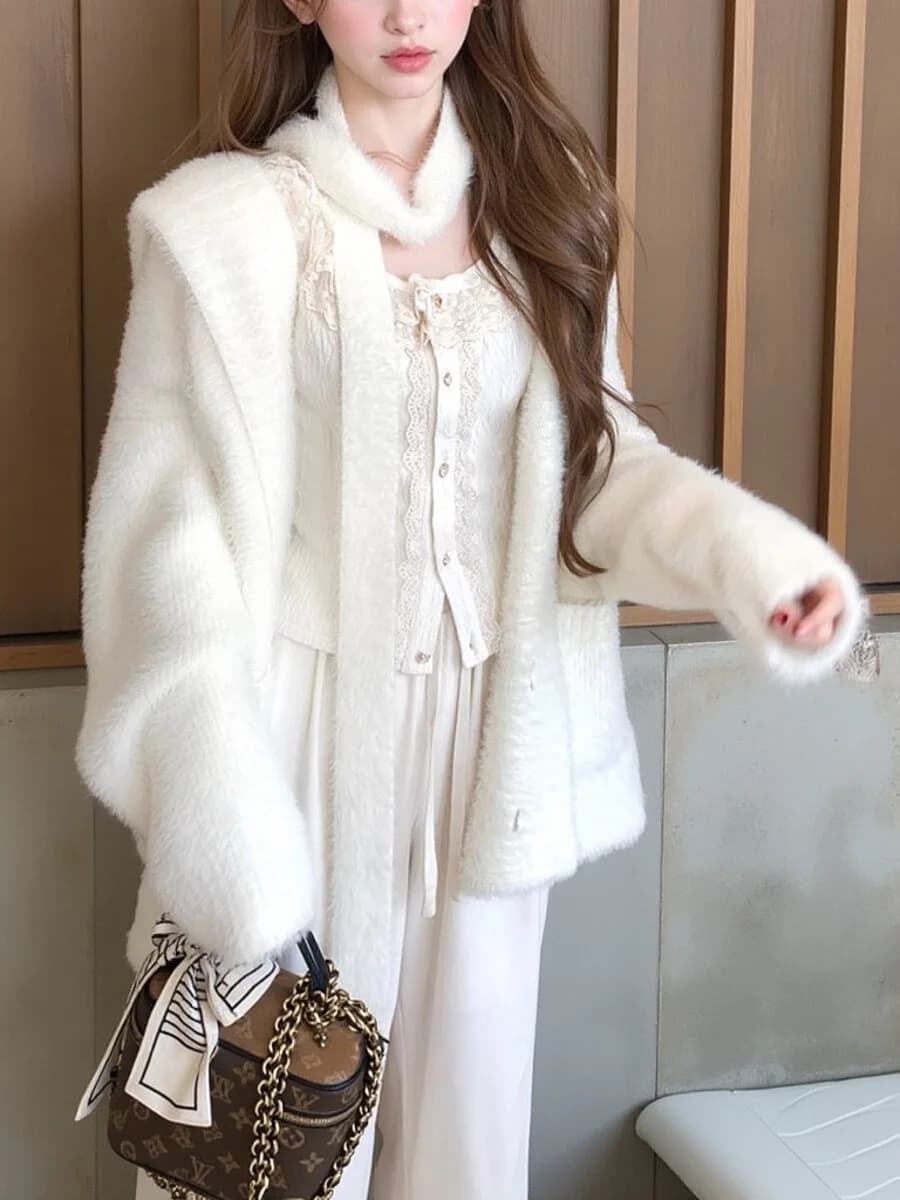 Soft Woolen Scarf Neck Lace Design Ladies Fashion Princess Style Long Sleeve Sweater Warm Cozy Base Layer Top for Women