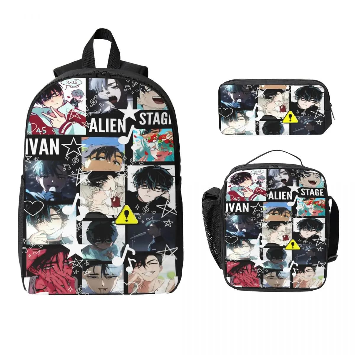 Set di zaini anime da 3 pezzi Ivan Alien Stage per bambini, astucci, set di zaini con scatola per il pranzo, per studenti delle scuole, zainetto
