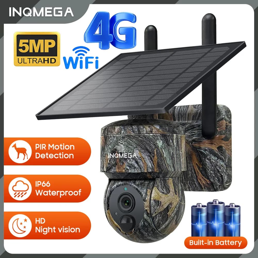INQMEGA 5MP 4G / WIFI Solar Wireless Security Camera Outdoor Solar Monitor Camera Color Camera for Night Vision PIR Detection Cam