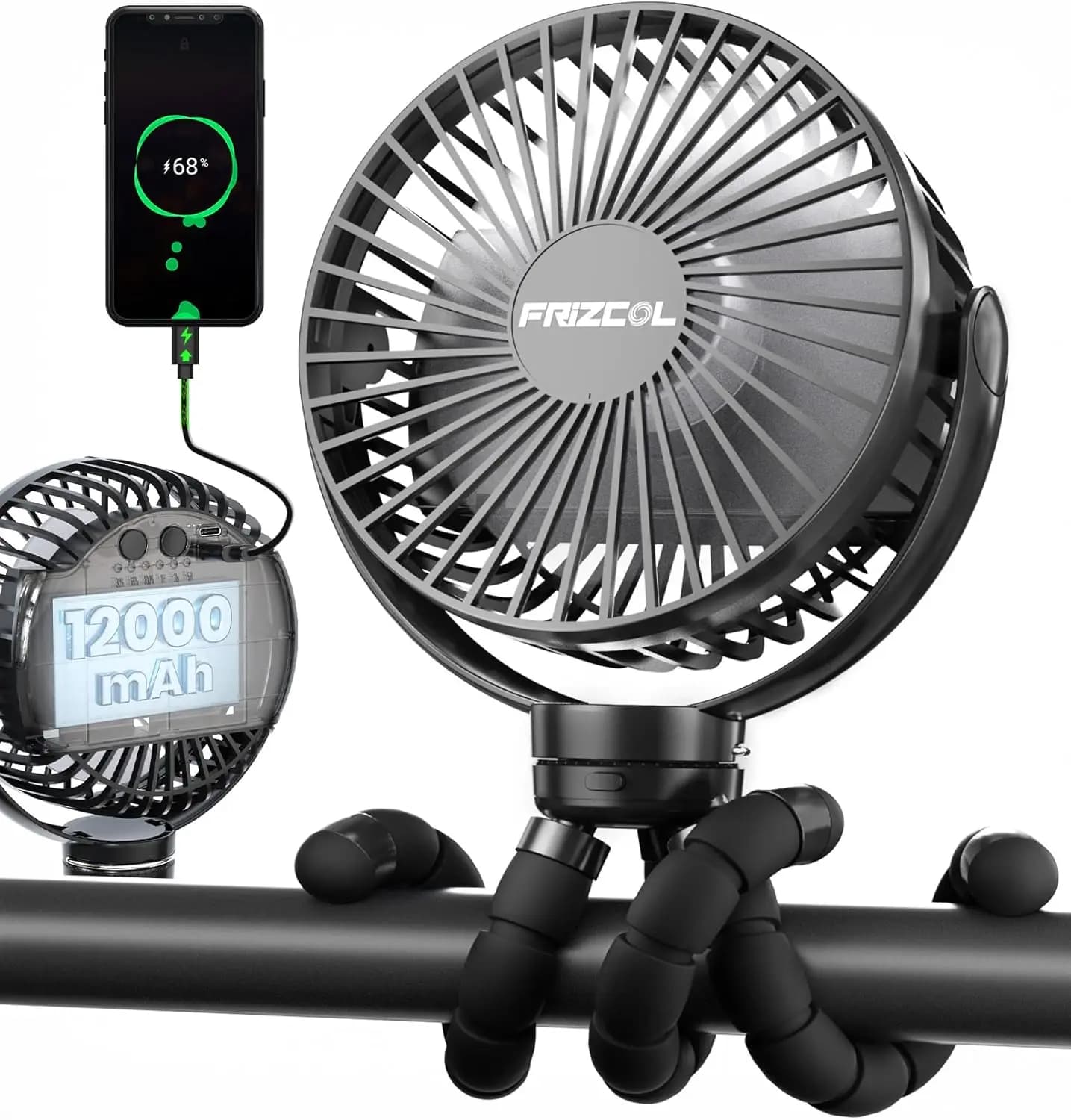 Ventilatore Portatile per Passeggino, Utilizzabile Come Power Bank, Ventilatore a Batteria da 65H 12000mAh con Treppiede Flessibile per Auto e Bambini