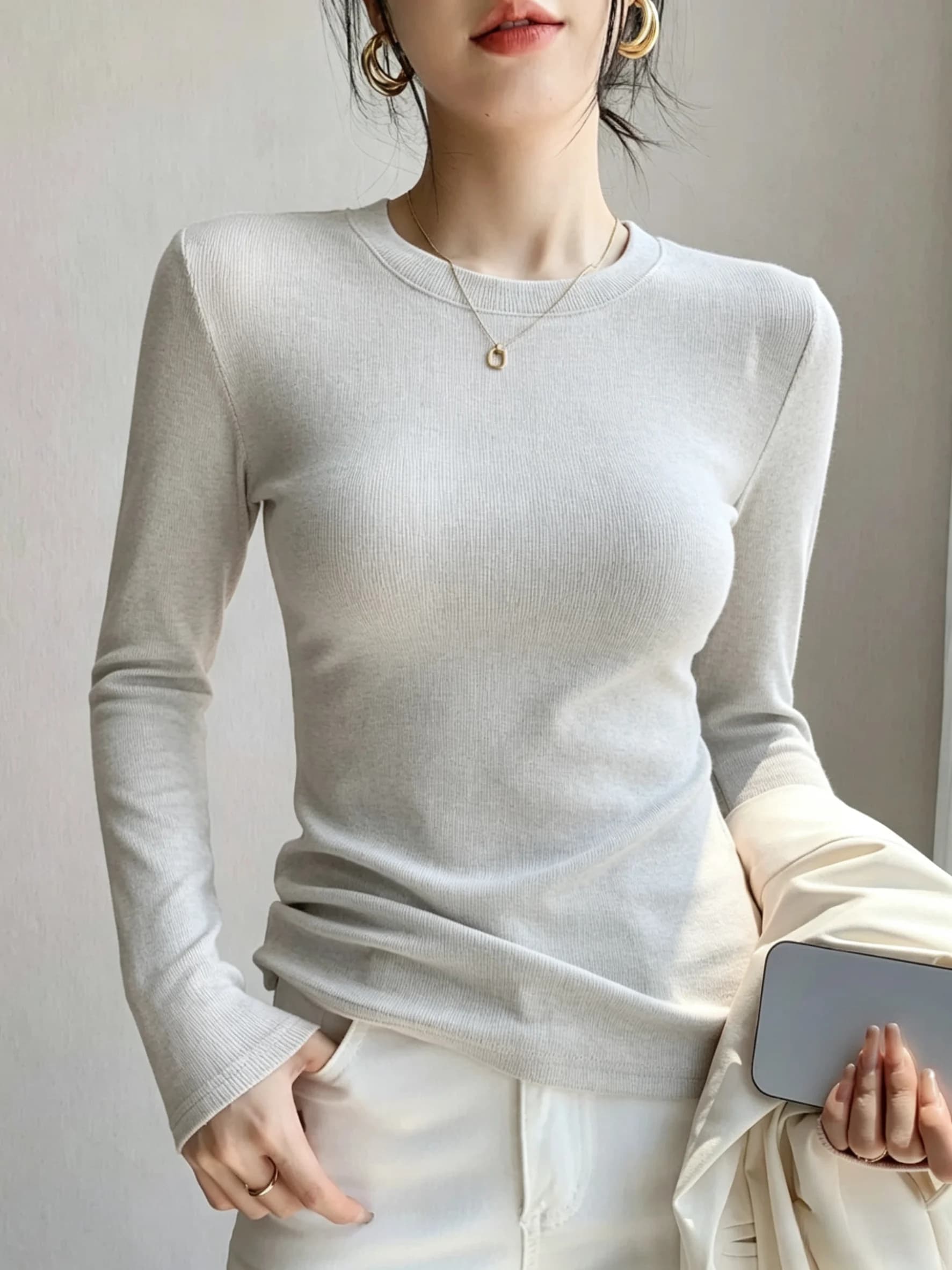Women's Slim Fit Long Sleeve T-Shirt round Neck Base Shirt plus Size Cotton 95% Comfortable Underwear Commute Style Color