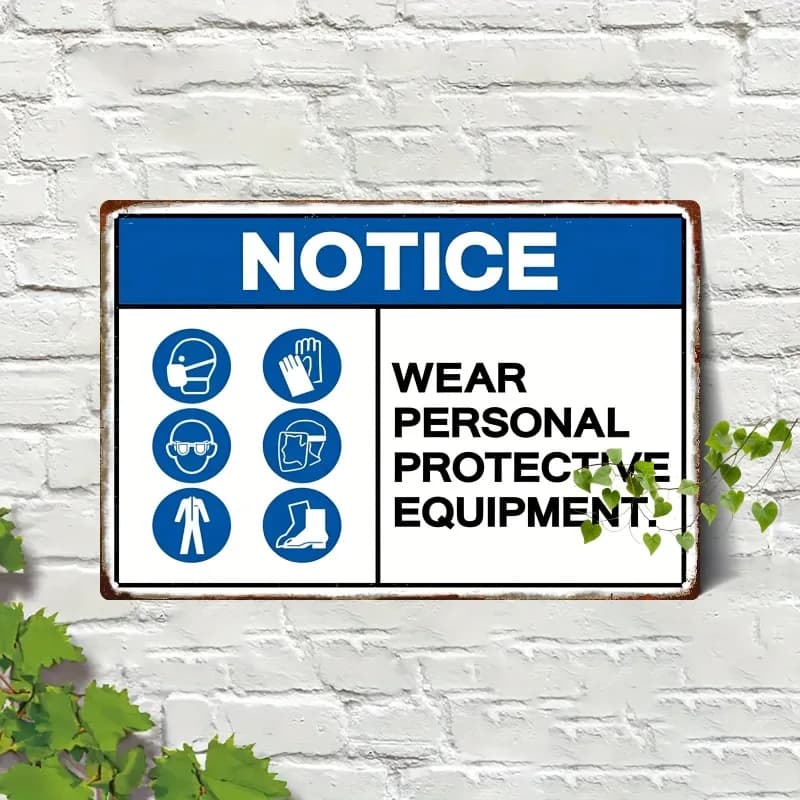 Segnale di sicurezza PPE piatto 2D - Cartello d'informazione resistente in ferro da parete per fabbriche, officine, cantieri e decorazioni domestiche, 20.32x30.48 cm