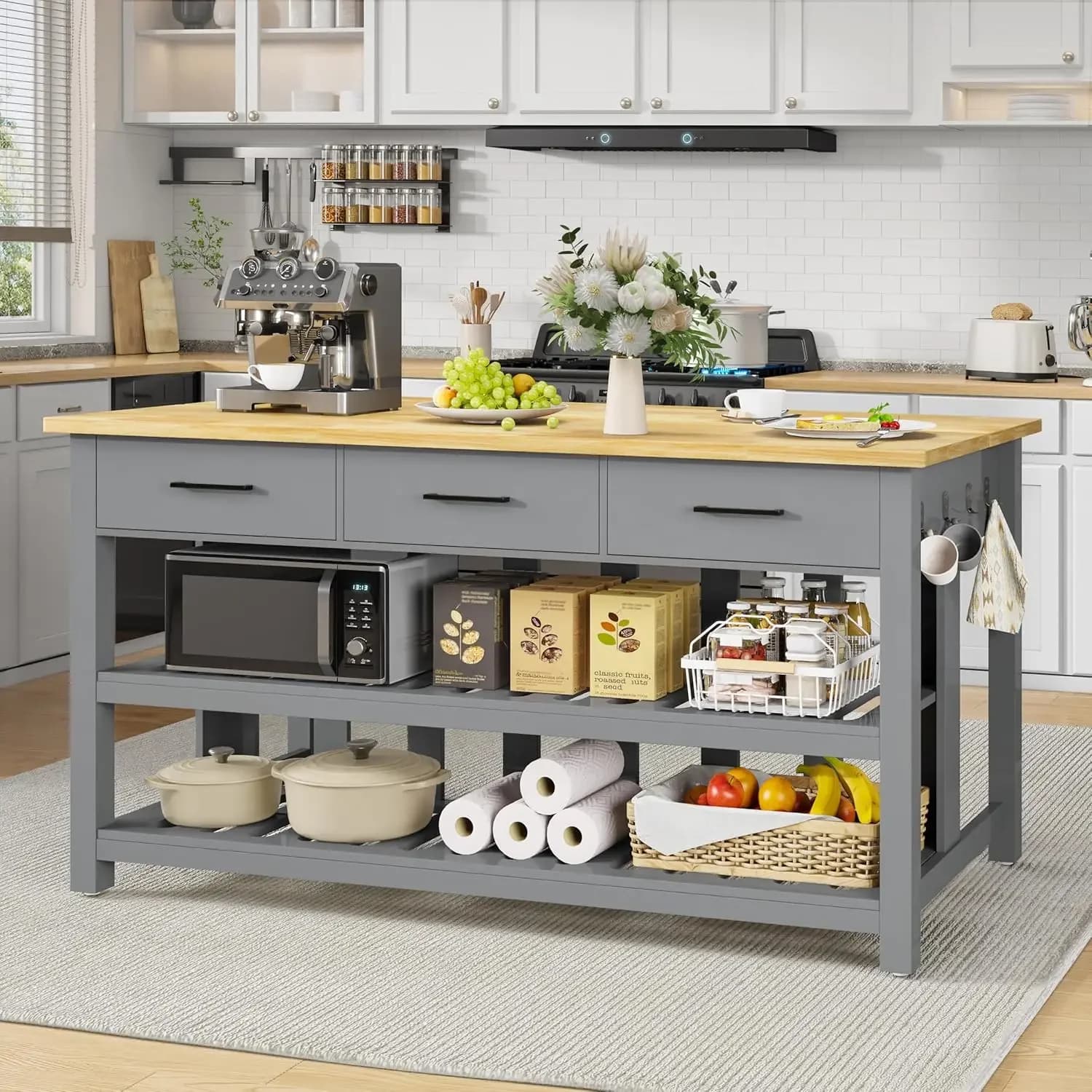 Isola da Cucina in Legno di Gomma Massiccio da 60 Pollici con Prese Elettriche - Superficie di Lavoro Extra Grande, 3 Cassetti e 2 Ripiani Aperti, Personalizzabile