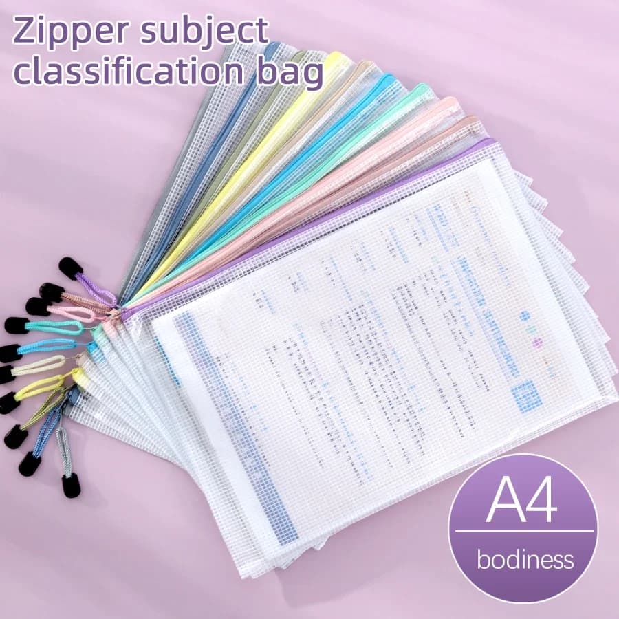 Borsa per documenti con cerniera A4 in rete da 5 pezzi, 10 scelte di colori, cartelle impermeabili, borse per riporre astucci