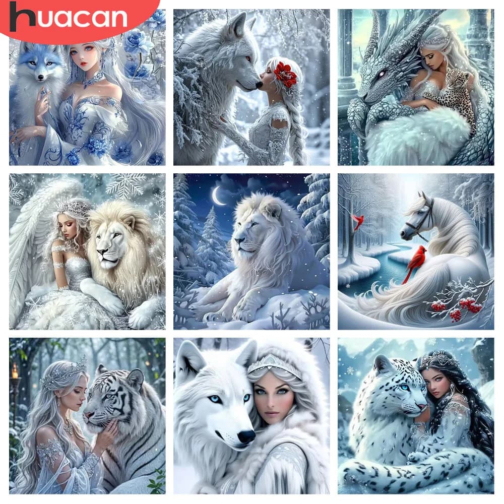 HUACAN Diamante Mosaico Kit Completo Ragazza Leone Ritratto Animale Invernale Kit Completo Pittura Diamante Lupo Tigre Cavallo Decorazioni per la Casa
