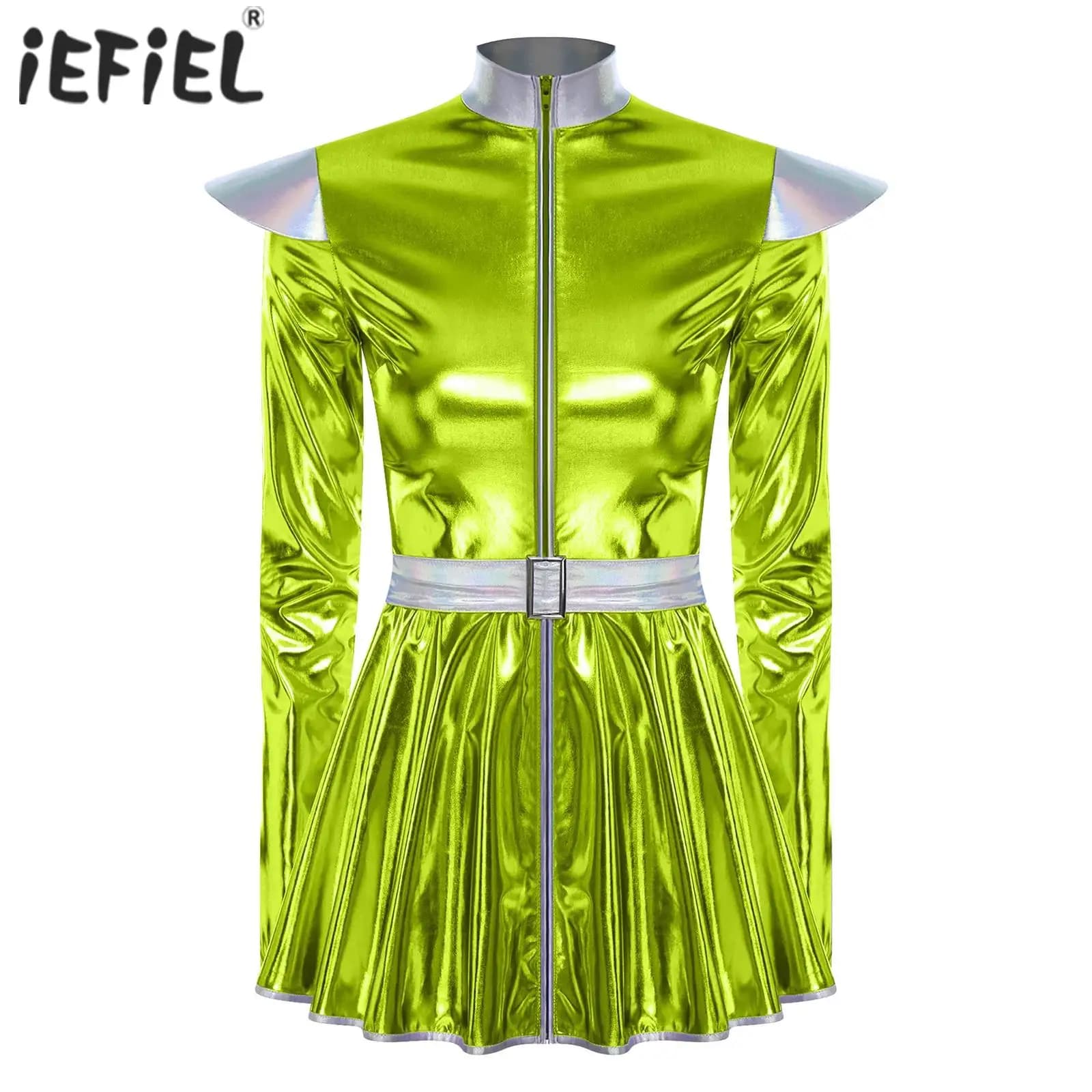 Women's alien robot cosplay costume, long sleeves, front zip, trapeze dress with belt, polished metallic outer space alien costume