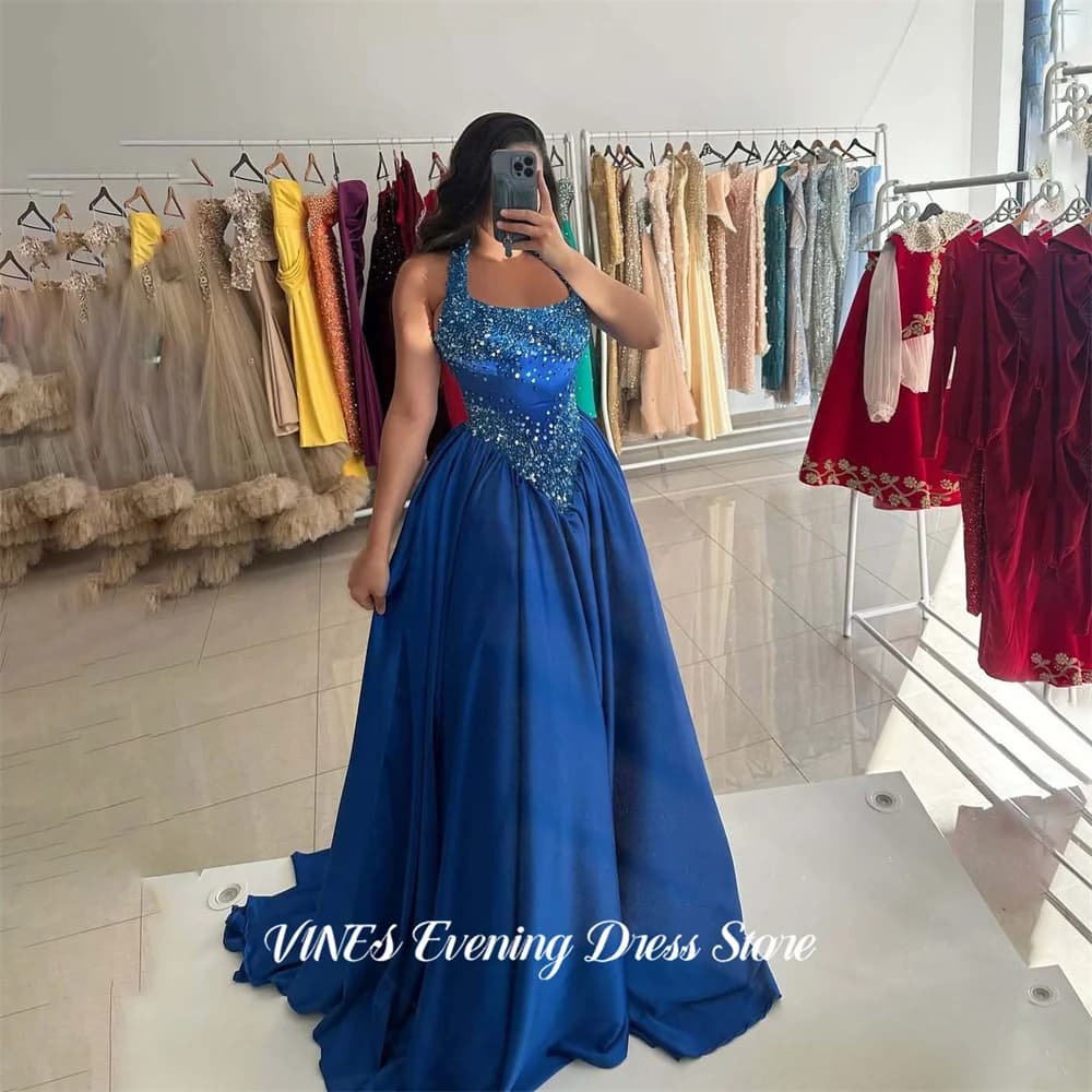 VINES Abito da sera blu royal con scollo all'americana e corpetto con paillettes, abito da ballo senza maniche in raso, modello A-line, personalizzabile