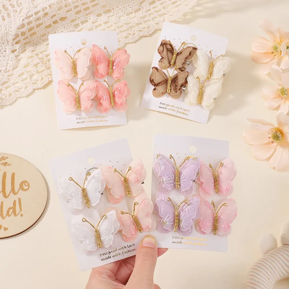 Set of 4 Double Butterfly Hair Clips RAINBOW BOWS for Girls, DIY Hair Accessories ♪