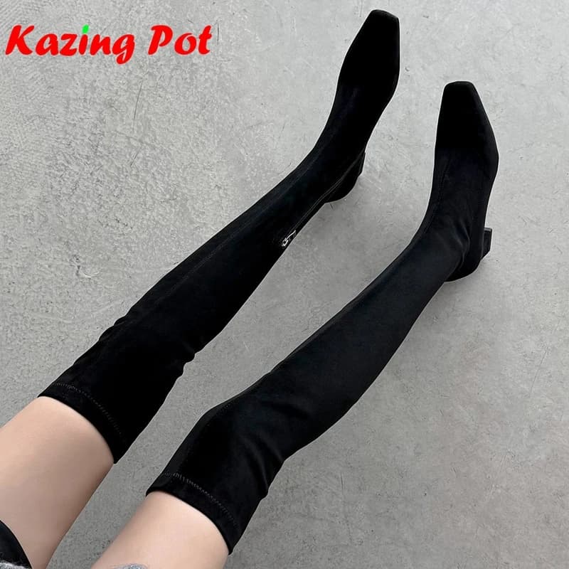 Krazing Pot Flock Thick High Heels Square Toe Stretch Long Boots Zipper Elegant Modern Ins Beauty Lady Solid Over-the-knee Boots