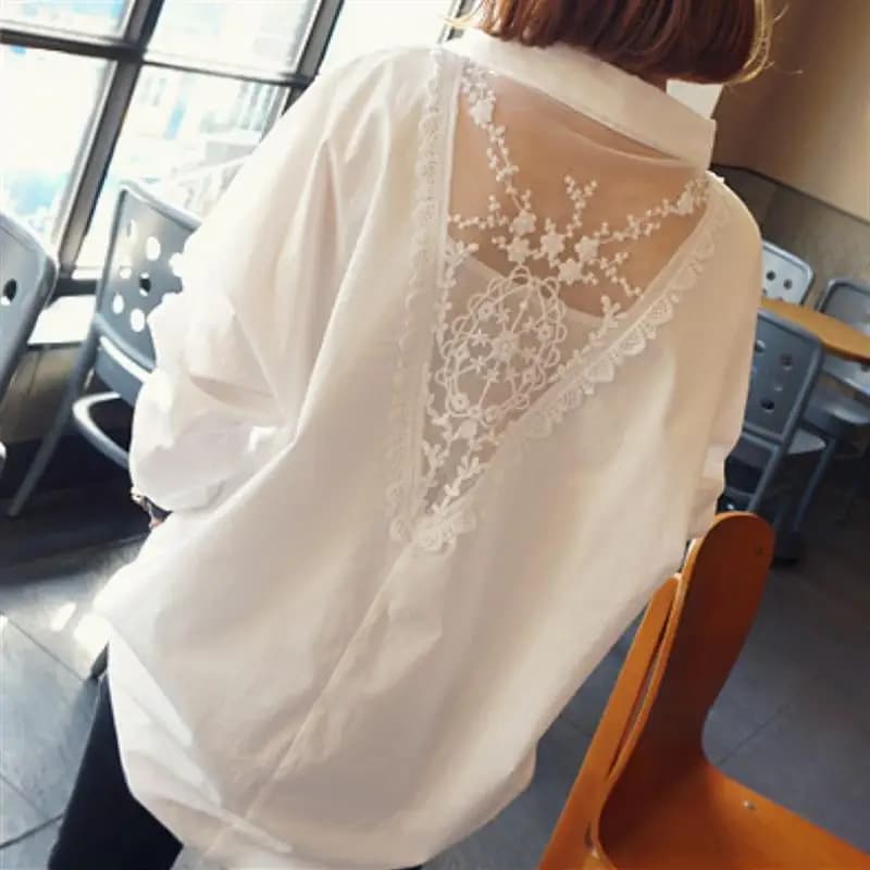 Fashion V-Neck Embroidery Gauze Spliced Hollow Out Oversized Loose Blouse Summer and Autumn Casual Women Clothing Commute Shirt