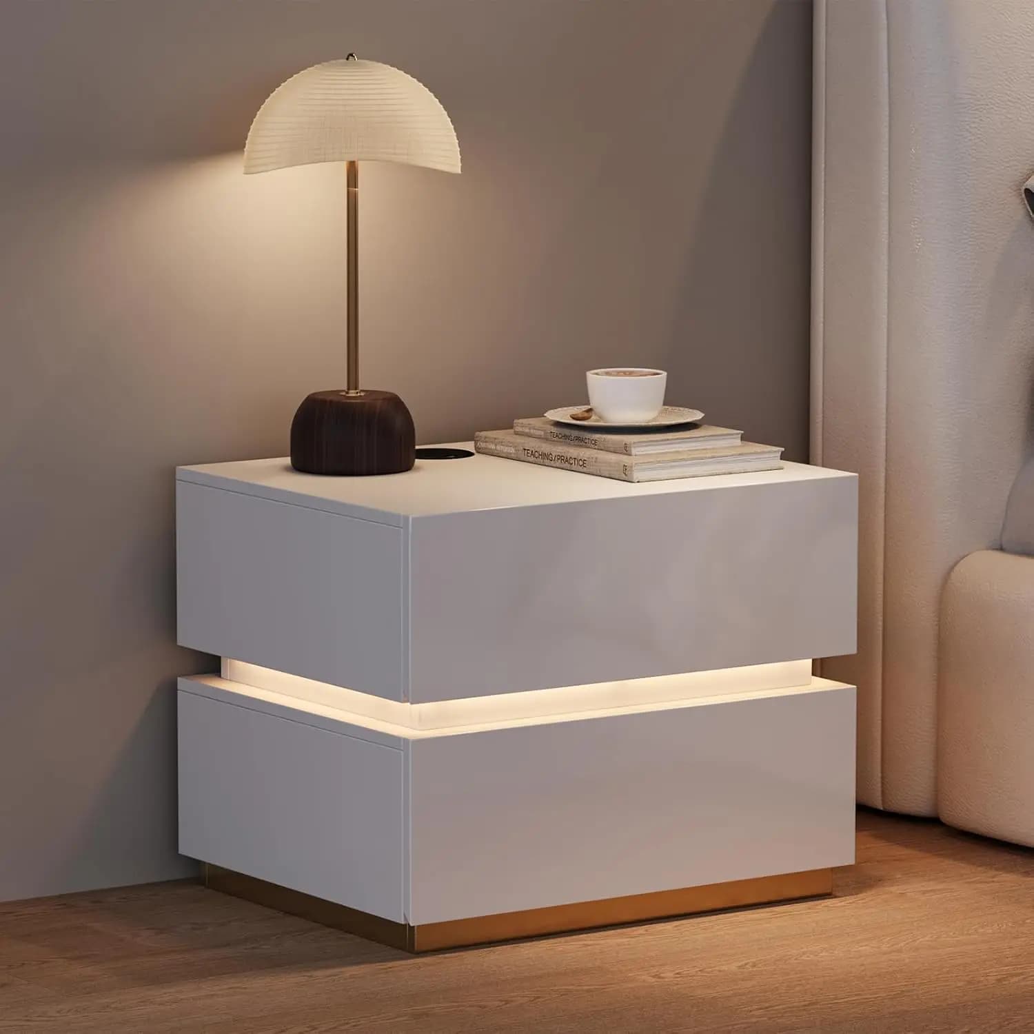 Smart LED Nightstand Wireless Charging USB Type-C 2 Drawer Bedroom Storage, Customized