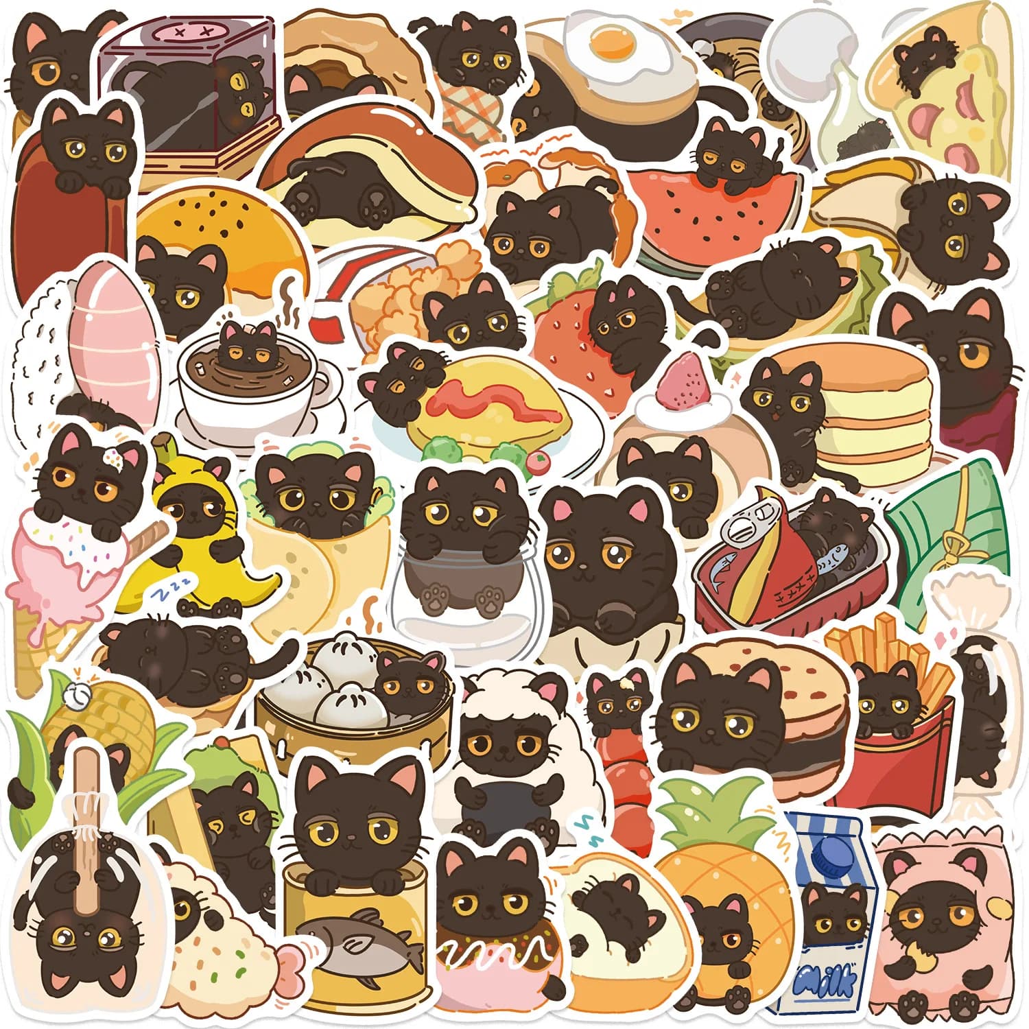50/100 Pezzi Adesivi Decorativi Graffiti Gatto Nero Cartoon per Diario, Chitarra, Quaderno, Bagaglio, Fai da Te, Cancelleria