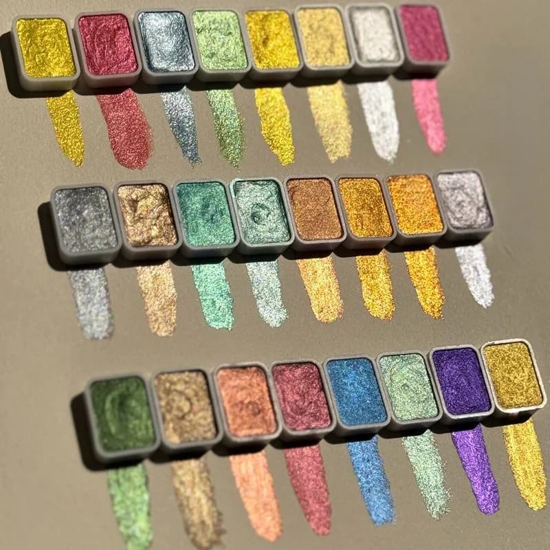 20-Color Solid Pearl Watercolor Paint Set - Metallic Glitter Pigments Portable Case for Chinese Painting Thangka Calligraphy