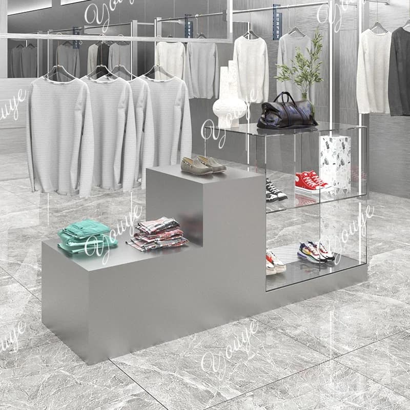J Negozio di abbigliamento Tavolo da acqua Tavolo da acqua in acciaio inossidabile con display acrilico Tavolo creativo a gradini Tavolo portaoggetti per borse per scarpe