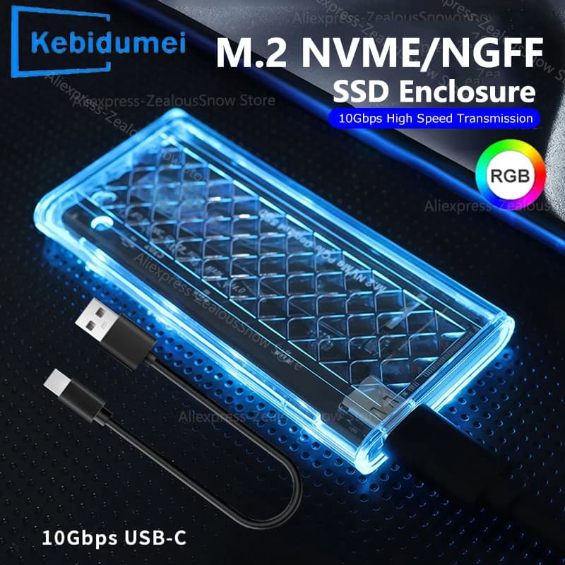 Case per SSD M.2 SATA NVMe RGB, Box Esterno per Disco Rigido a Doppio Protocollo, USB3.2 Gan2 Type C 10Gbps, Adattatore PCI-E M2 SSD