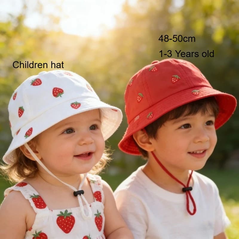 Girl Fisherman Hat with Strawberry Embroidery 48-50cm Spring Summer New Boys Cute Sun Bucket Cap Fashion Kids Toddler Outfit Cap