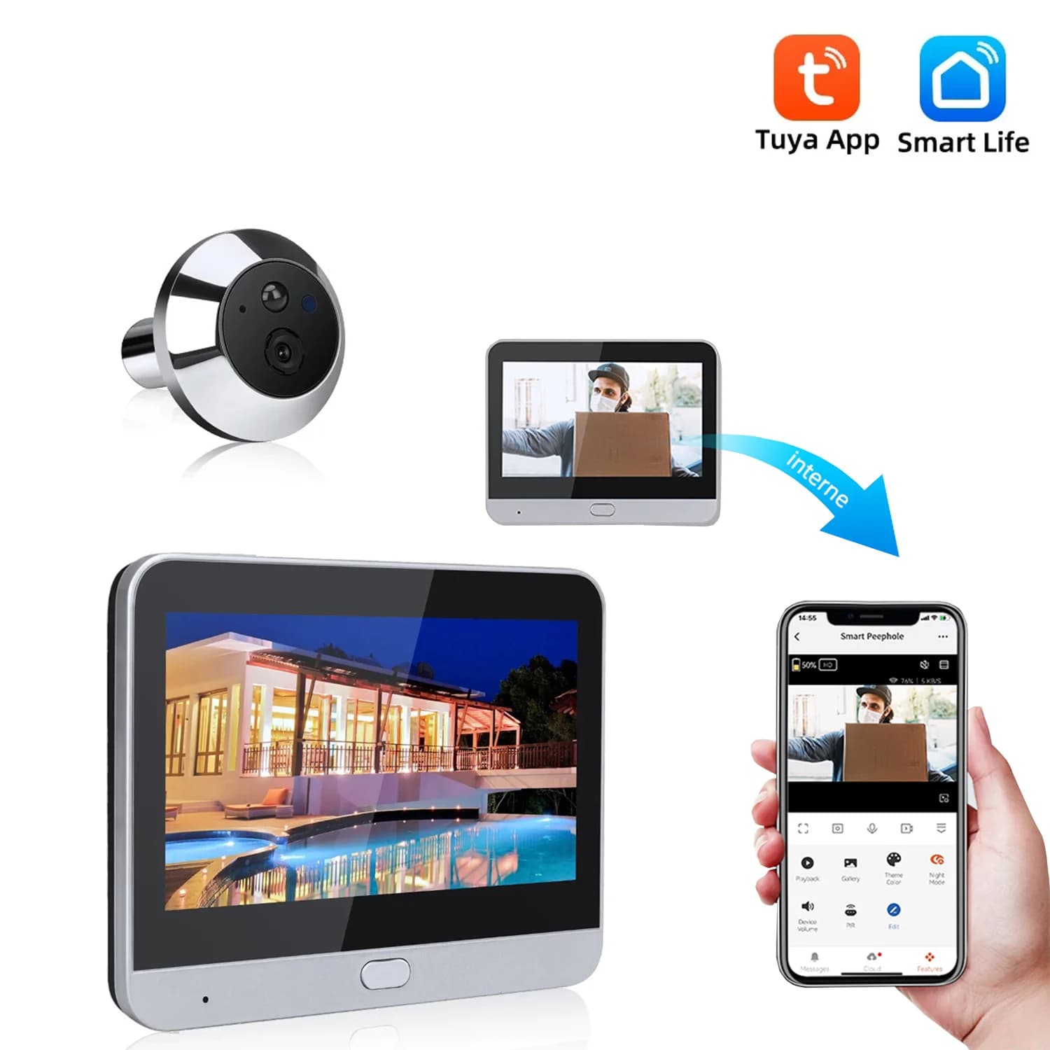 Campanello da 4,3 pollici Telecamera Wifi Spioncino 1080P 2.4G Sensore automatico Porta Occhio Telecamera Visione notturna Controllo accessi digitale Videocitofono
